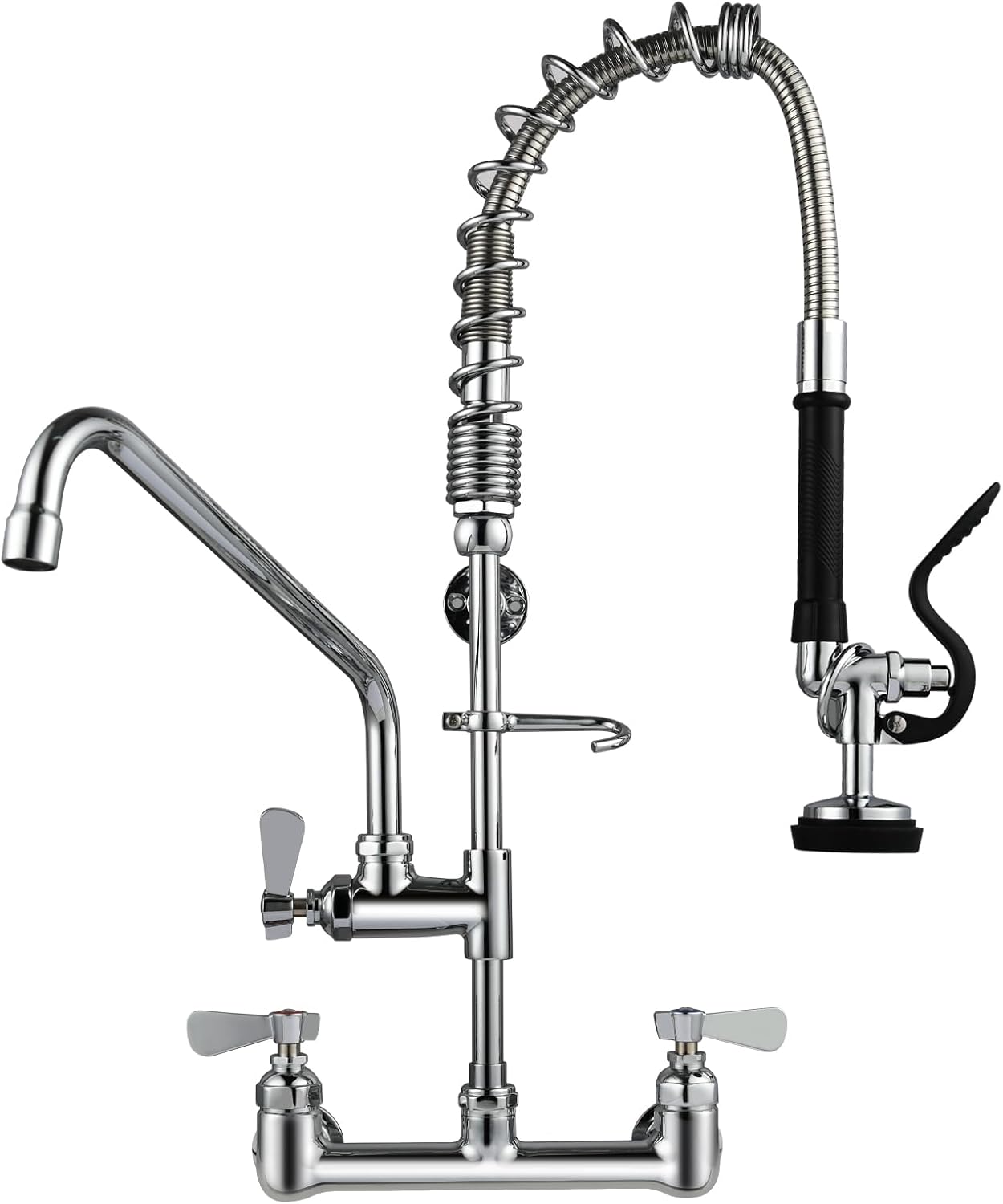 25" Height Commercial Faucet Wall Mount with Sprayer 8" Adjustable Center 12" Swing Spout, Wall Mount Kitchen Sink Faucet with Pull Down Pre-Rinse Sprayer for 1/2 Compartment Sink