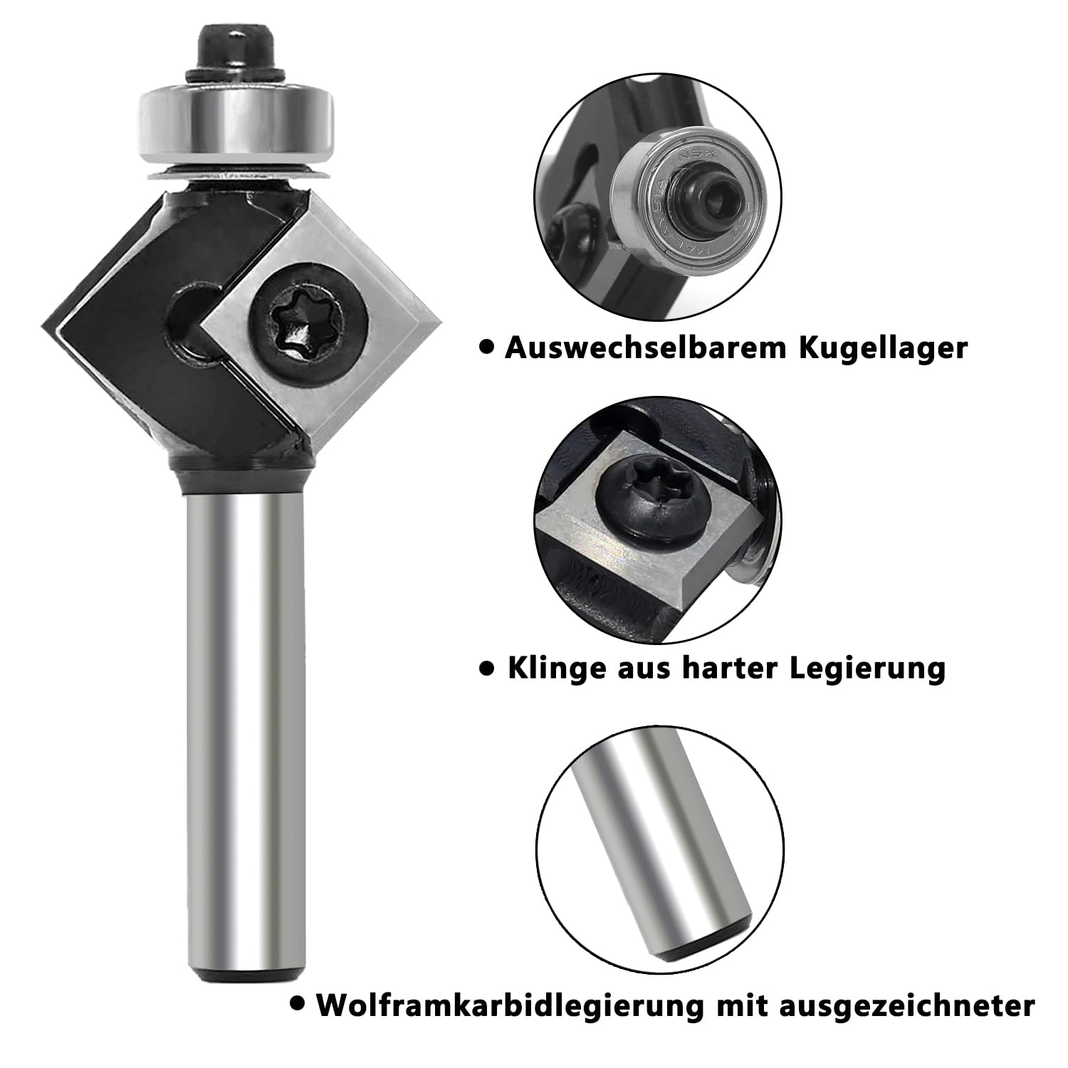 Fresa de biselado de 8 mm, hoja de metal duro intercambiable de 4 lados, fresadora de biselado para fresadora superior con rodamientos, fresa de madera de 45 grados para mecanizado de cantos