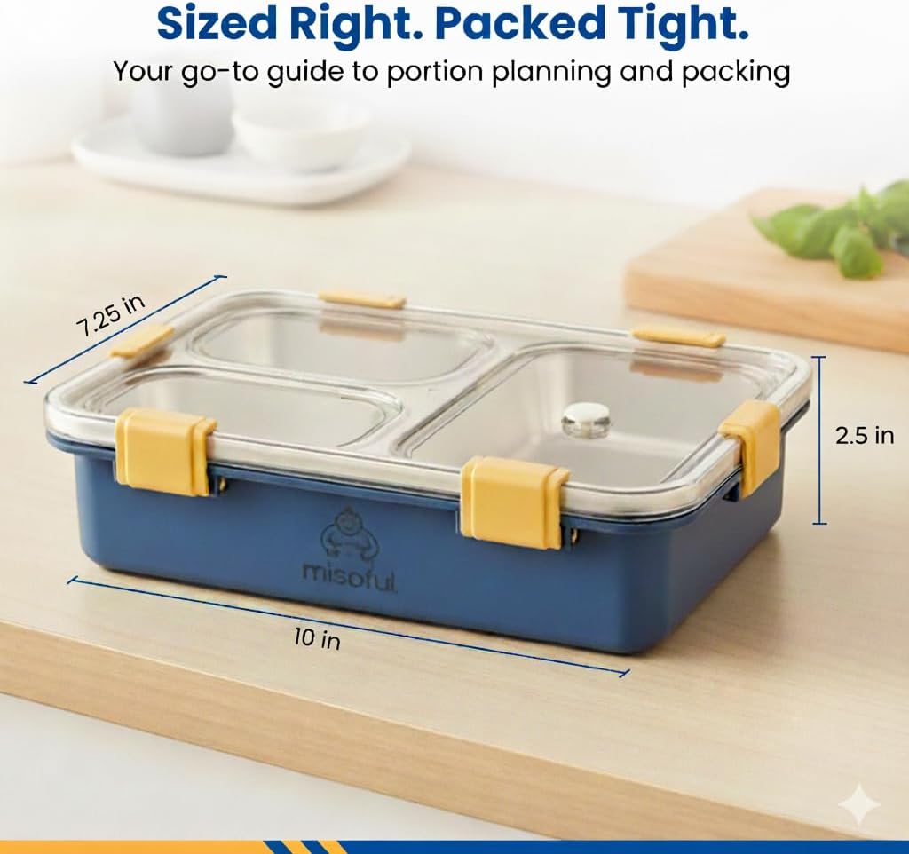 Bento Lunch Box for Kids Age 10+, Teens, Adults - 1000ml Stainless Steel School Lunchbox, Full-Size 10 x 7.25 x 2.5 in, 3 Compartments, Non-Microwavable, BPA-Free Food Container for School- Blue image 2