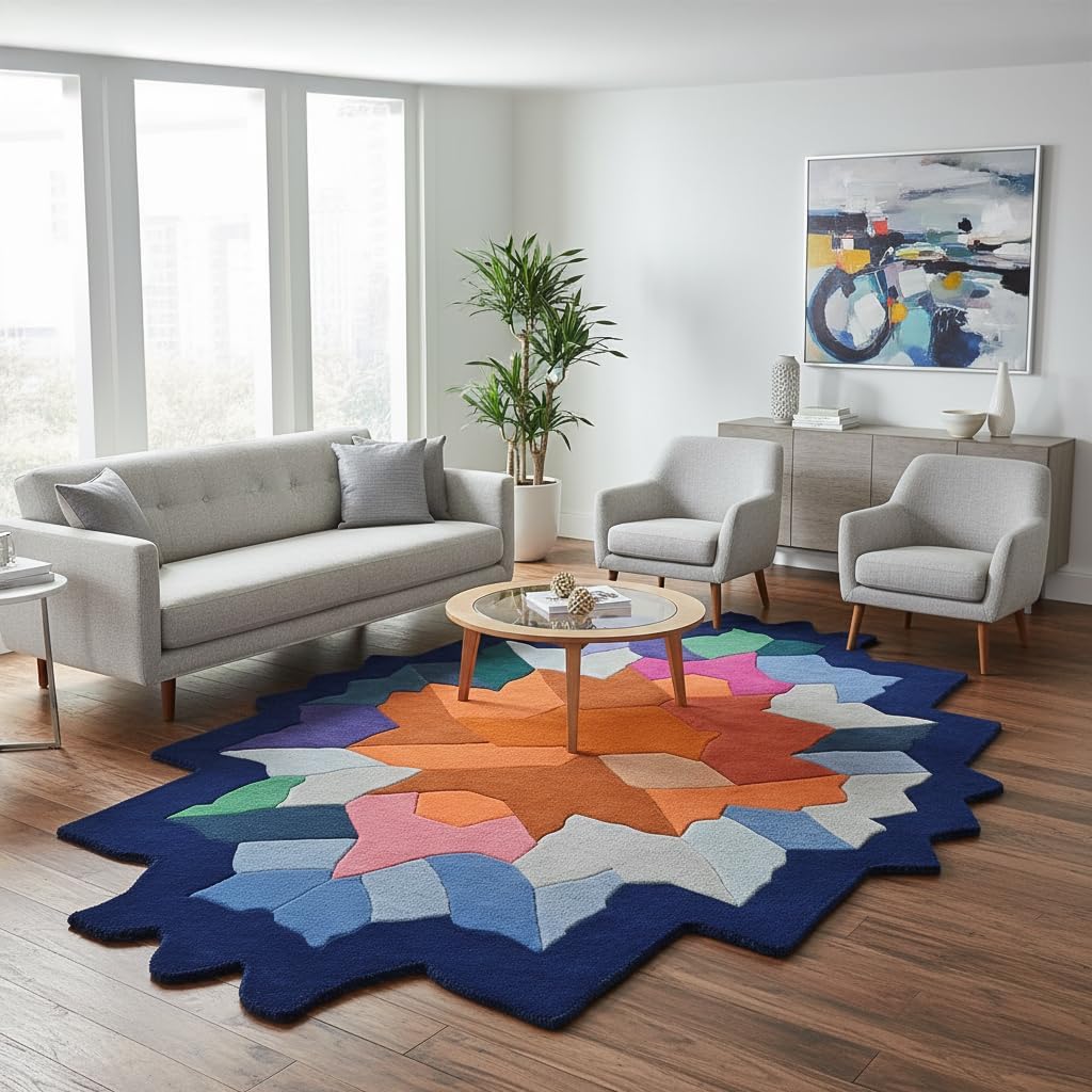 Restoration and Renovation Modern Irregular Shape Wool Area Rug – Hand-Tufted Unique Moroccan Pattern in Navy & Multi – Perfect for Living Room, Bedroom & Dining Room Décor (5' x 8', Multi A)