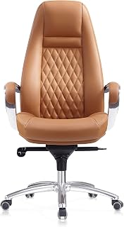 Genuine Leather Office Chair with High Back Aluminum Swivel Base Ergonomic Synchro-Tilt Reclining Mechanism Real Leather Executive Chair-Brown