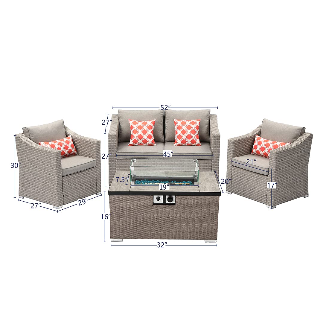 SUNBURY Outdoor 4Piece Patio Conversation Set w Propane Fire Pit Table