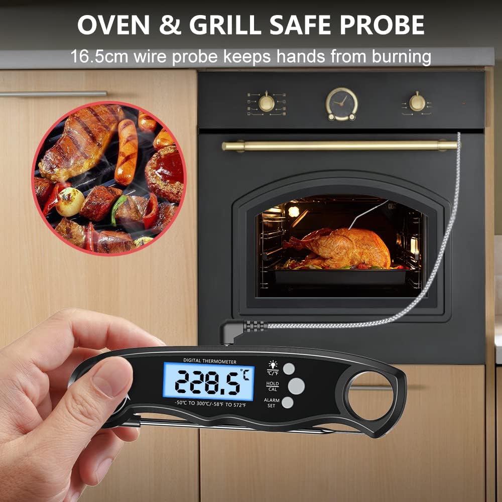 External probe inserted into a turkey inside an oven, with the thermometer unit outside