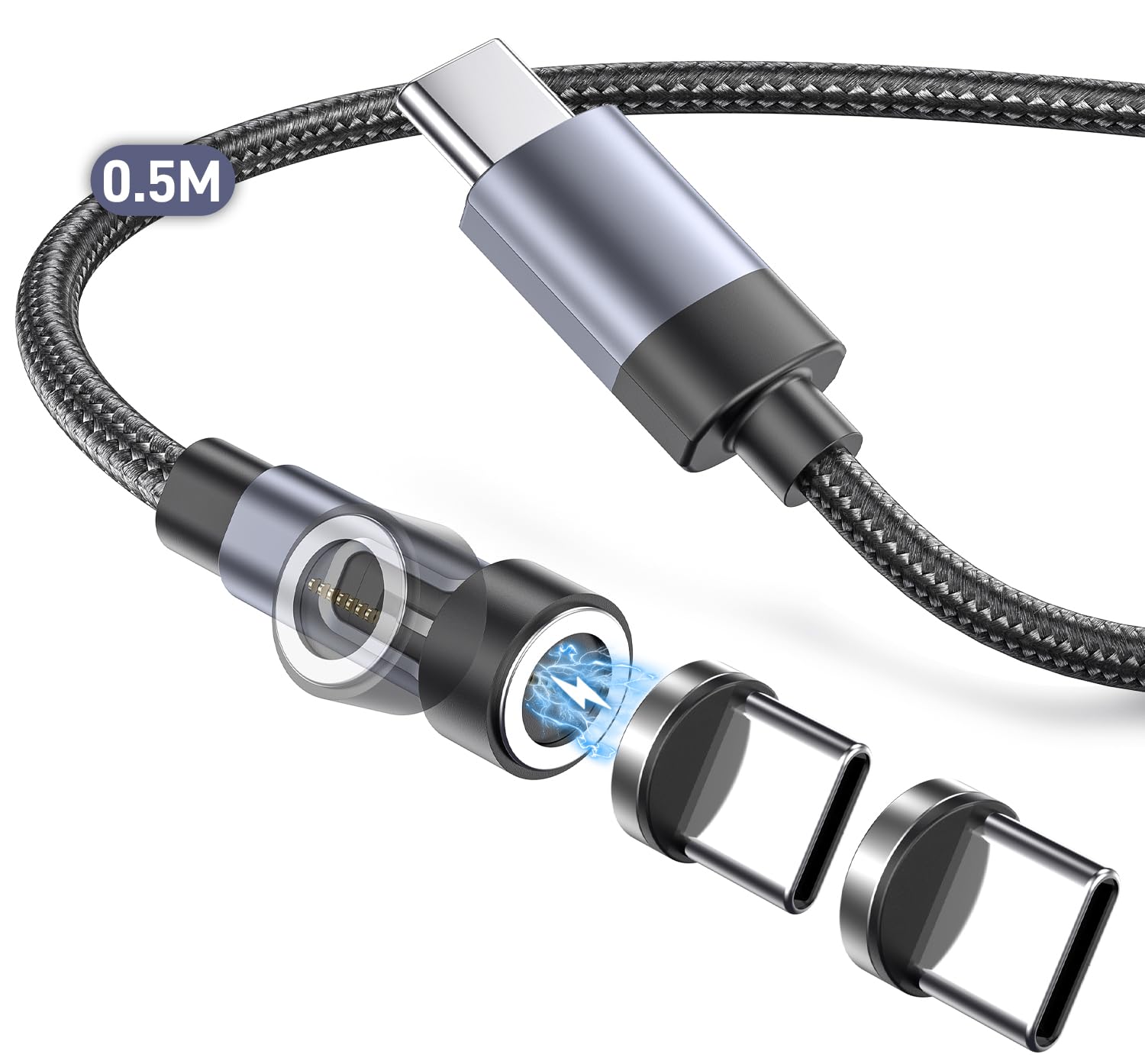 マグネット 充電ケーブル 0.5m USB-C & USB-Cケーブル 急速充電 PD60W対応 7ピン Type-C端子 540度回転可能 断線防止 防塵磁石iPhone 17/16/15/iPad/Macbook Pro/Matebook/Xperia/Galaxy等Type-c機種対応 (0.5mマグネットケコード&タイプCコネクタ2個)