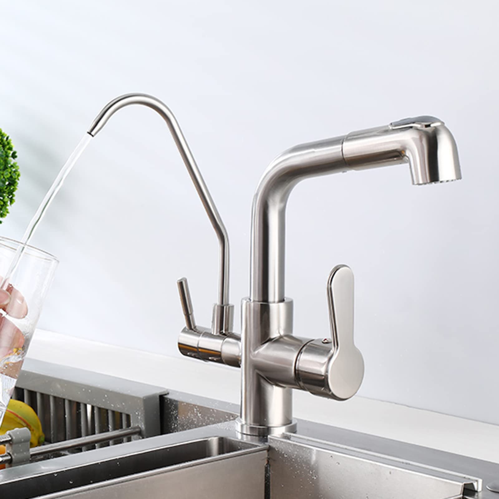 WDSOPK 3 way kitchen tap with pull out spray brass multifunctional 3 in 1 drinking water purifier tap brushed (Brushed A)