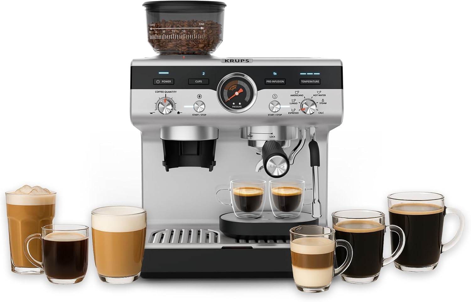Krups Precision, Manual Espresso Machine with Mill, 30 Grind Levels, 15 Bars, Steam Nozzle, 3 Temperatures, Intuitive Interface, Cappuccino, XP801T10