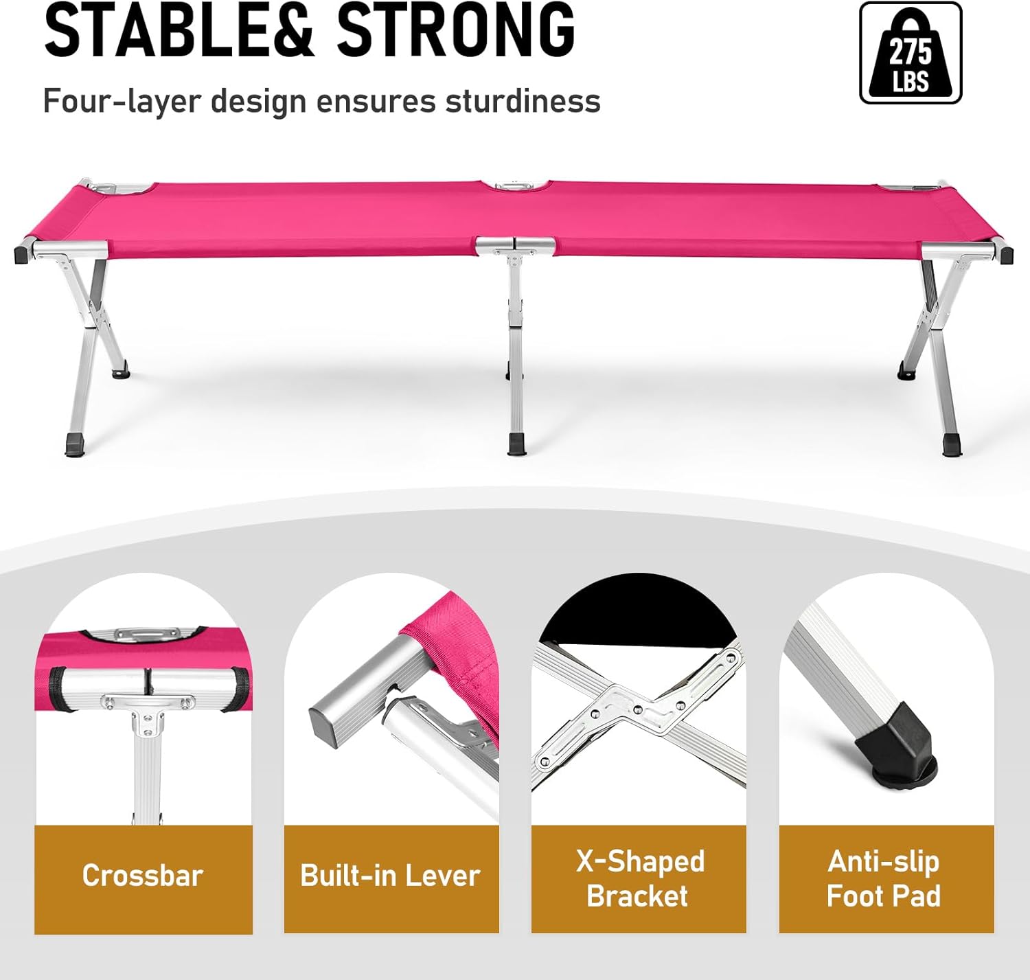 HOMSUPPLIE'S Folding Camping Cot,Outdoor Portable Camp Bed, Sleeping Cots with Carry Bag (Pink)