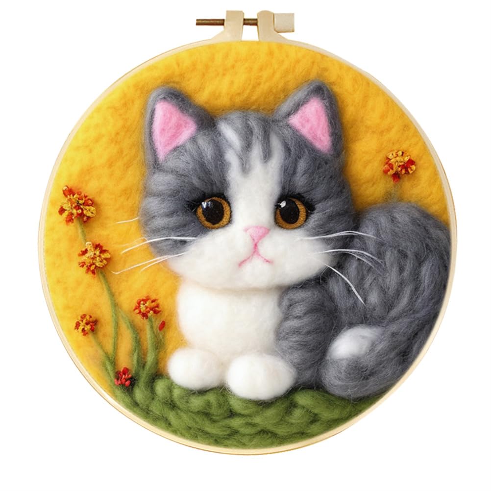 Meecaa Flower Cat DIY Needle Felting Kit for Beginners, Including Wool Felt Supplies, Embroidery Hoops,Beautiful Wool Painting and Needle Felting Tools (Flower)