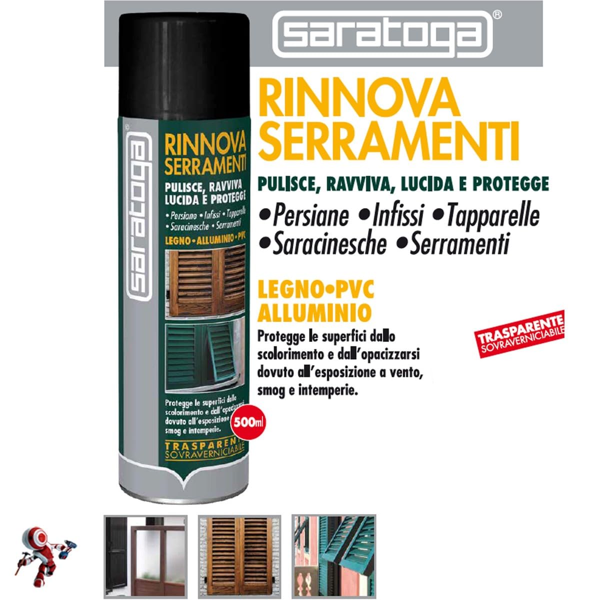 Saratoga Rinnova Serramenti Spray, Pulisce, Ravviva, Lucida e Protegge Legno, PVC e Alluminio, Formula Trasparente per Infissi e Finestre, Effetto Brillante e Protettivo, 500 ml