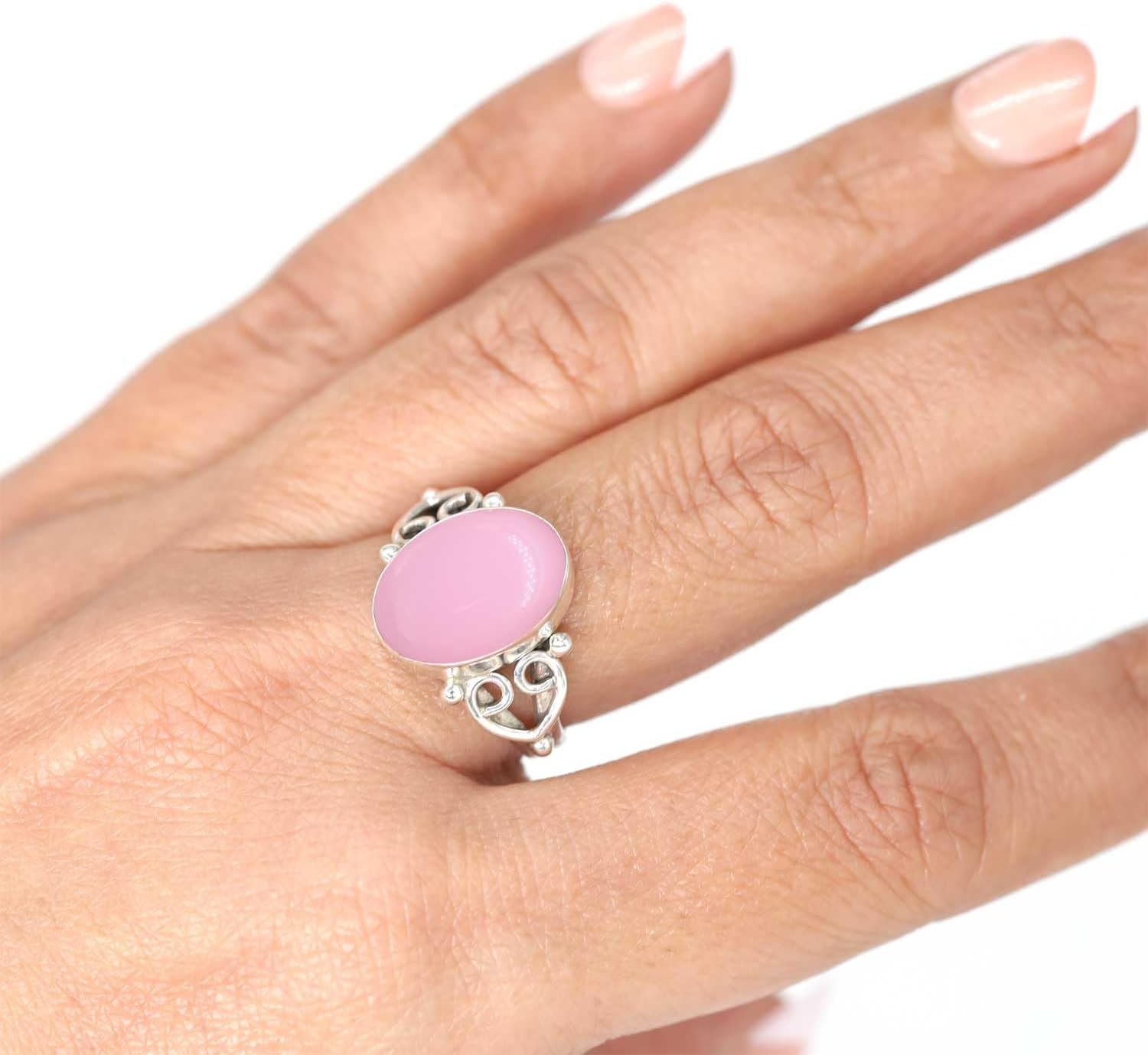 JEWELOPORIUM Pink Rose Quartz Silver Ring Size 5 to 13, 925 Sterling Silver Ring for Women, Oval Stone Handmade Jewelry