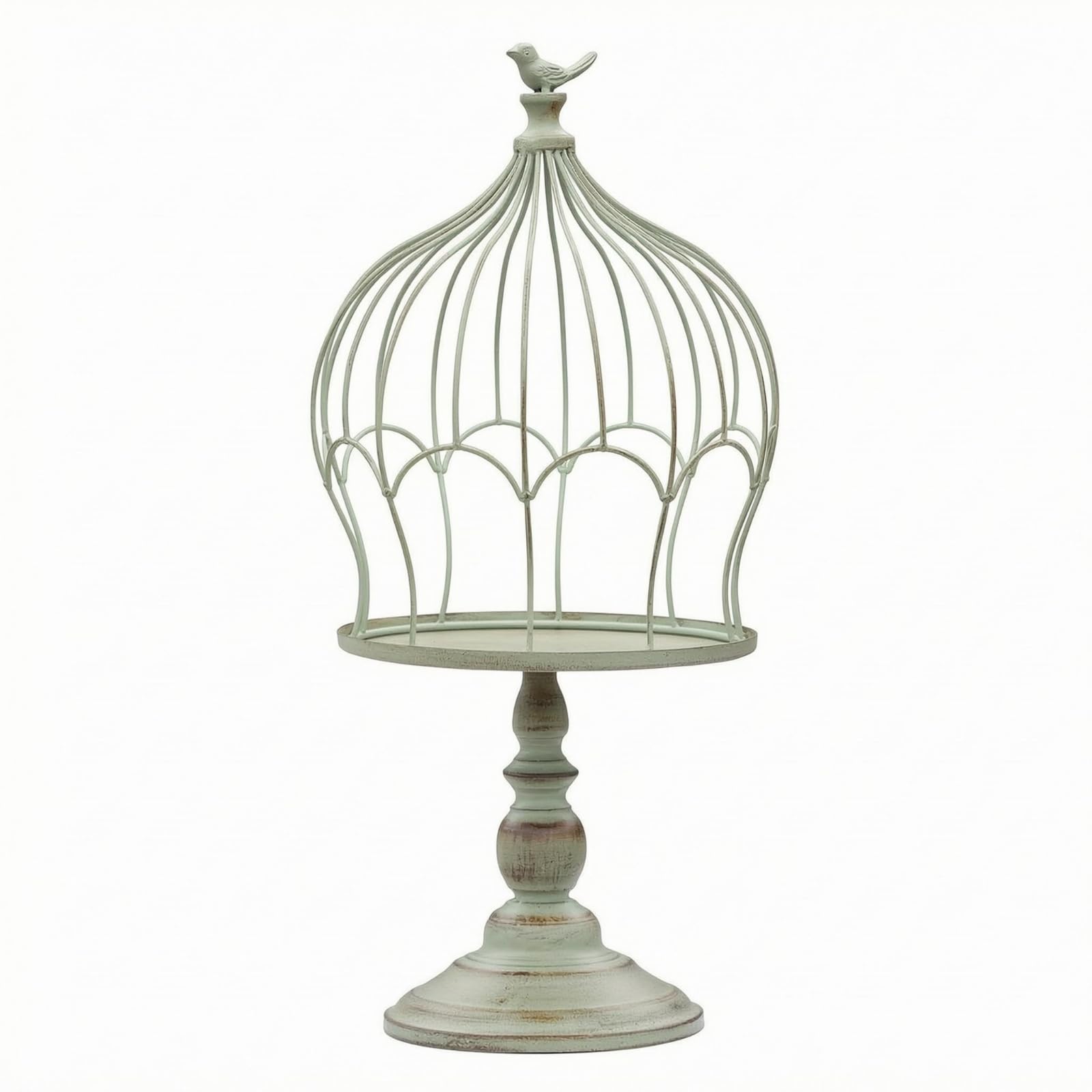 Fioriera a Gabbia Vintage Porta Piante Supporto Tavolo Decorazione Metallo Finiale a Uccellino E Struttura a Filo Adatta per Scaffali Consolle Studio , Verde Invecchiato