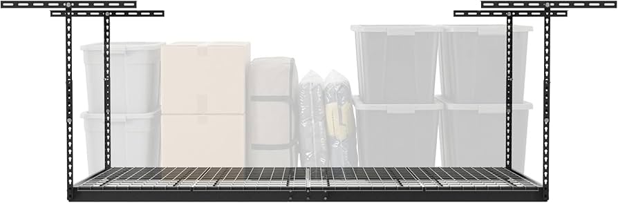 MonsterRax Overhead Garage Storage Rack - 4 x 8 Ceiling Racks for Garage, Organization Shelving, Hanging Shelf, Grey, 24"-45" Height Adjustment