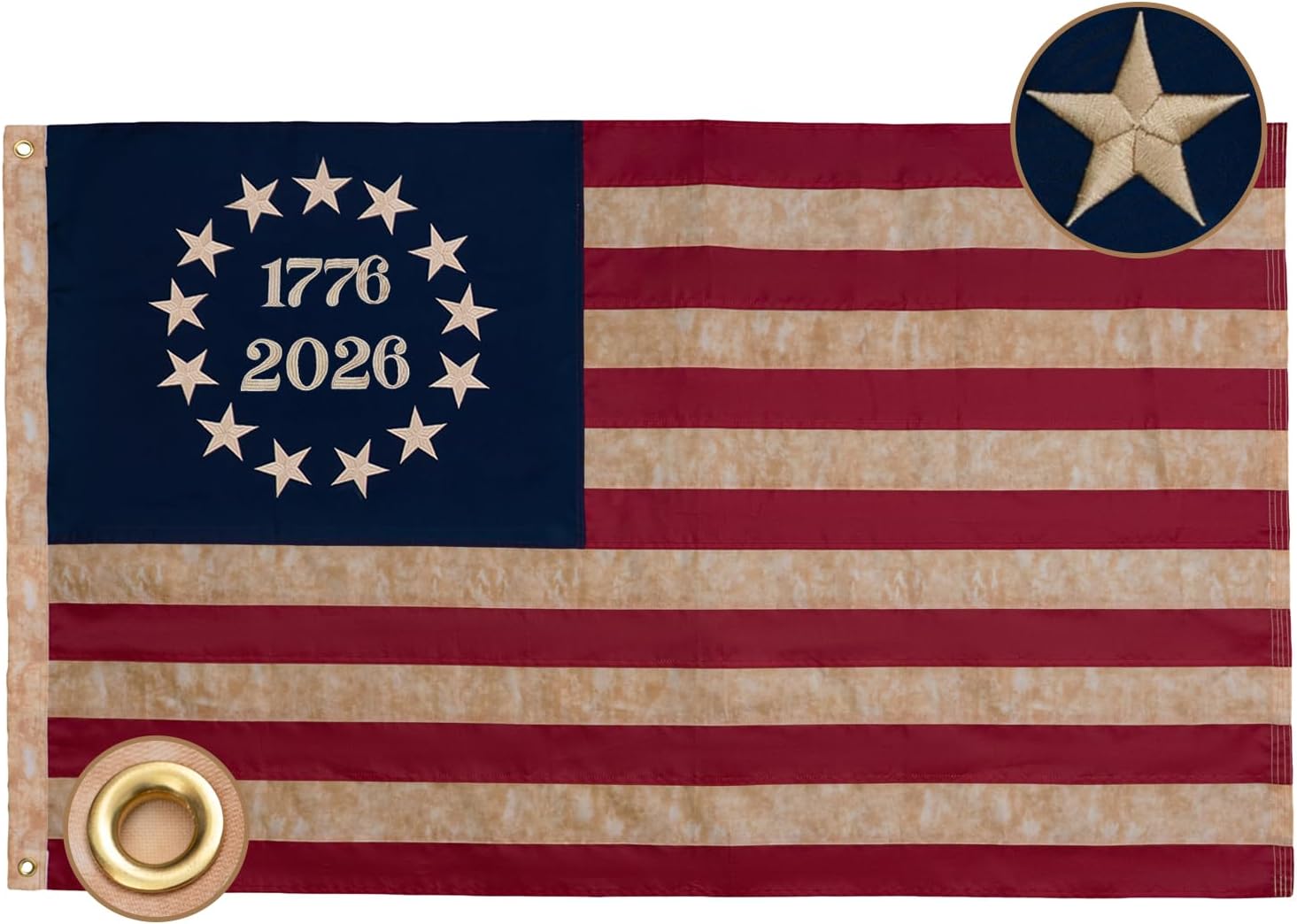 Bradford Vintage 1776 2026 Betsy Ross Flags 3x5 ft Embroidered 250th Anniversary American USA Flag Outdoor Embroidered 13 Colonies US 2026 American Flag Heavy Duty for Outside with 2 Brass Grommets
