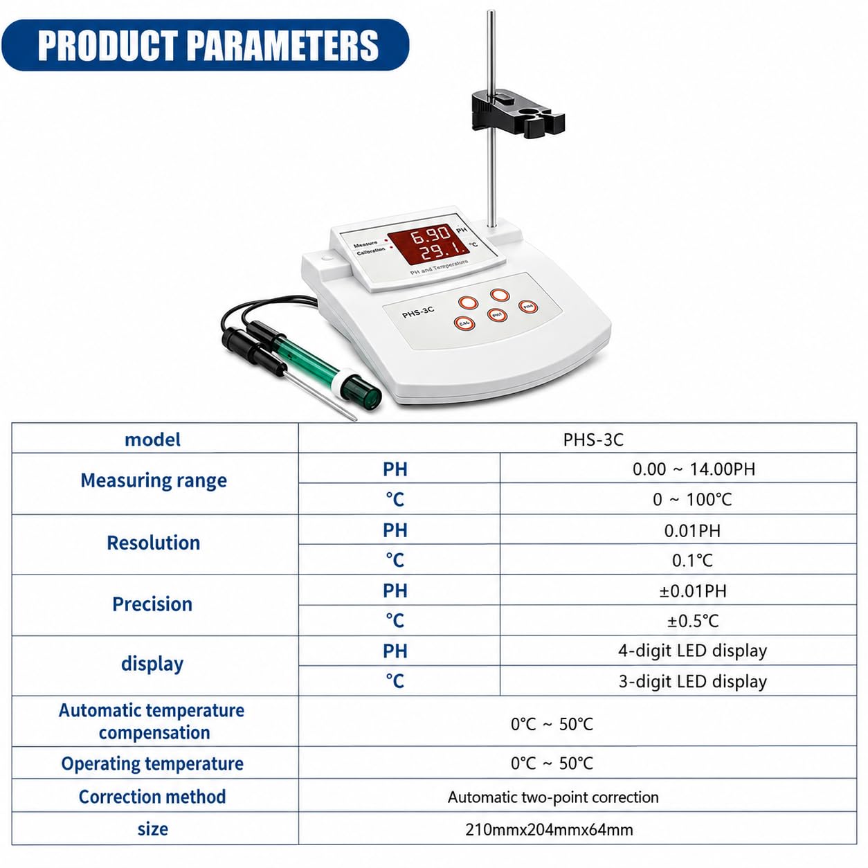 Medidor de pH de laboratorio de mesa, medidor de acidez de escritorio con pantalla LED, soporte, 2 electrodos de pH/temperatura y calibración automática de 2 puntos