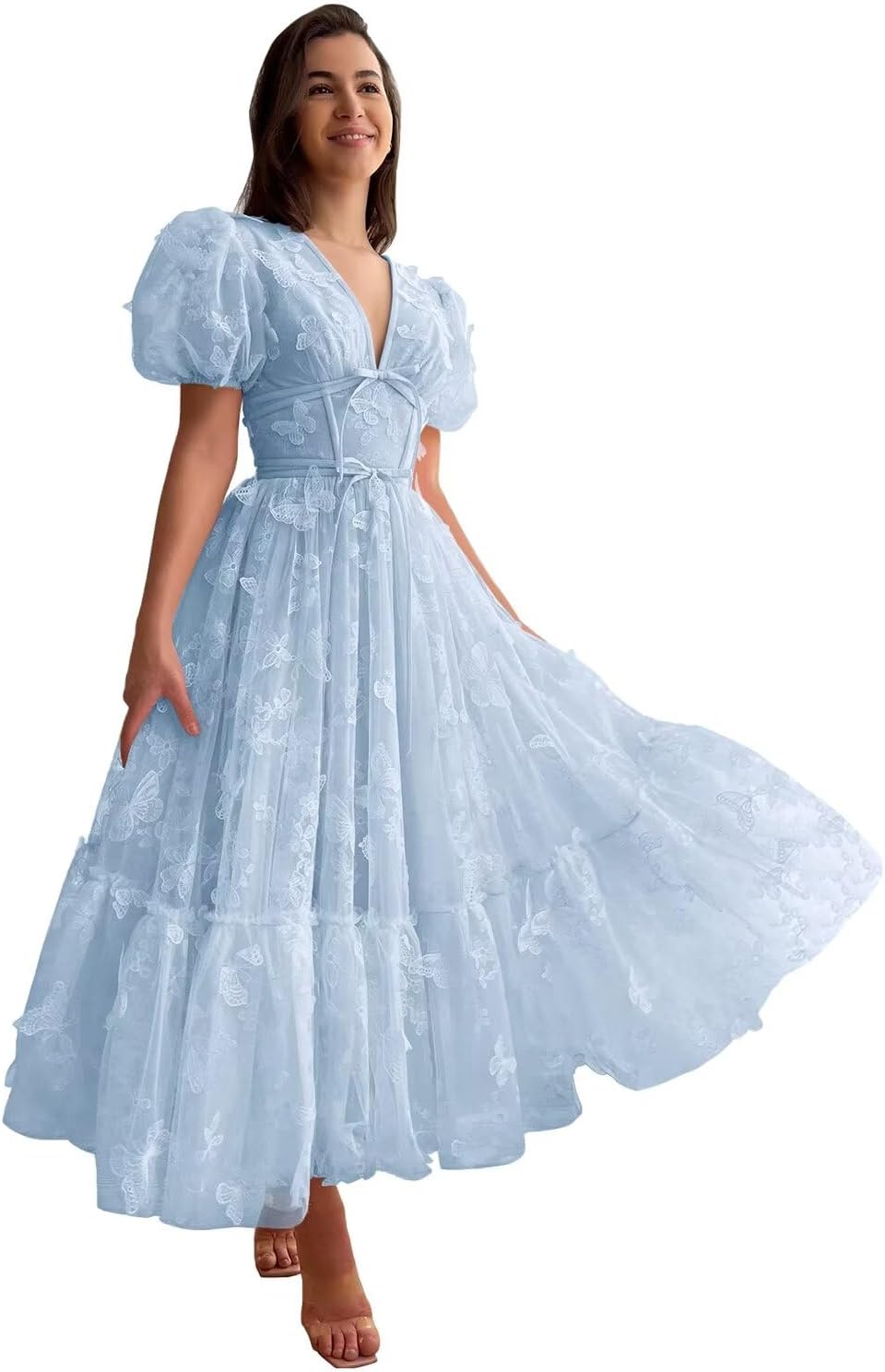 Zepumen 3D Butterfly Prom Dress for Teens Puffy Sleeve V Neck Tea Length Formal Evening Party Gown