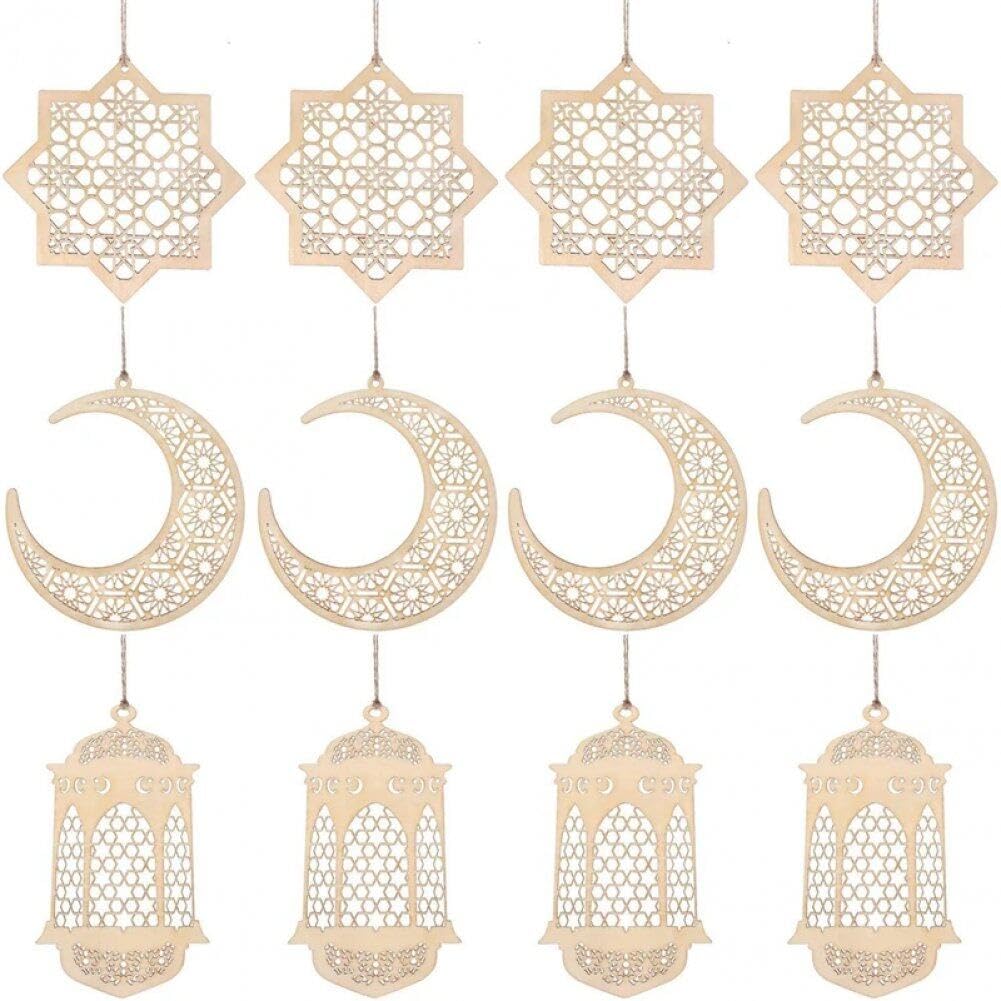 Pendant Eid Mubarak bois ajouré lune étoile ornement Ramadan suspendu x12