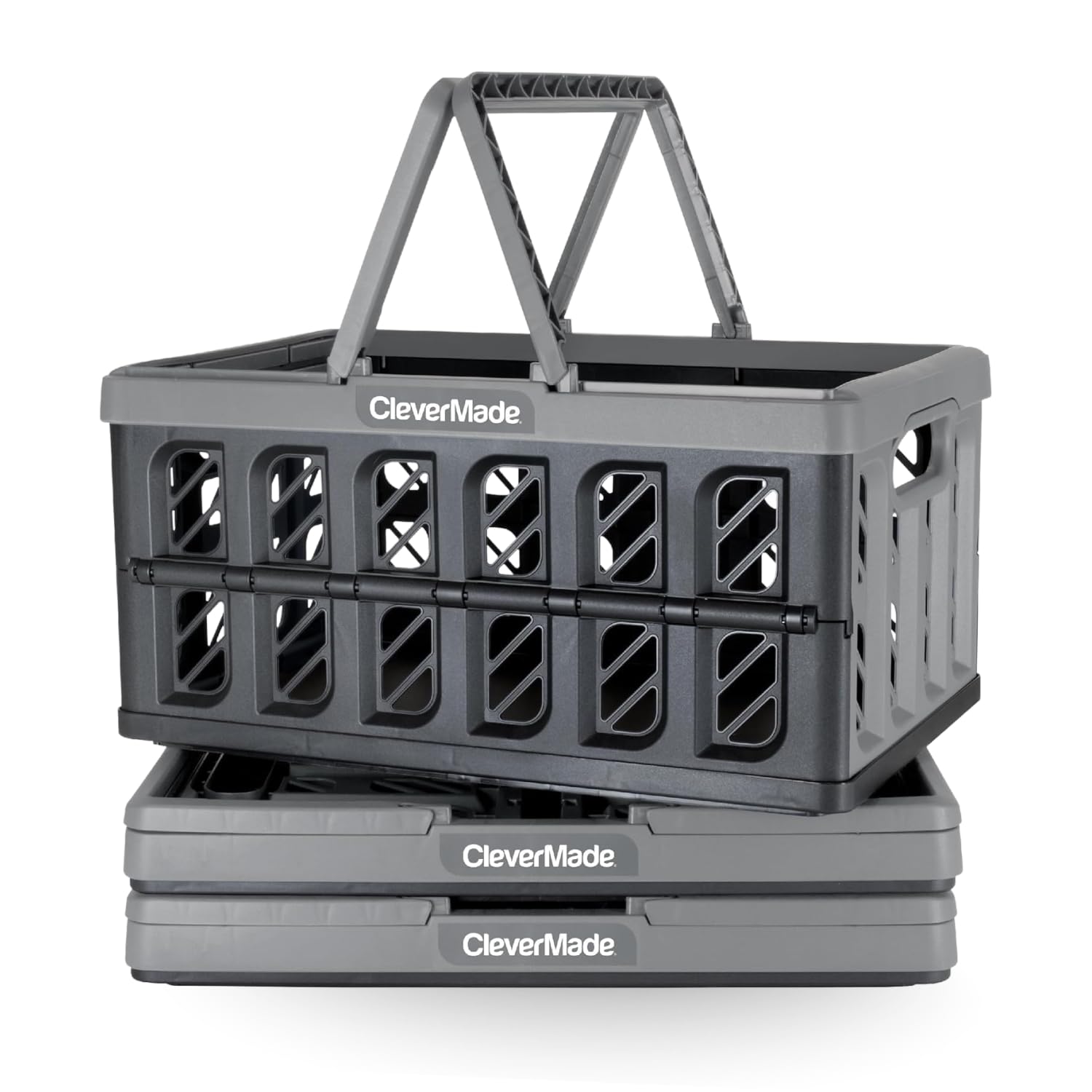 CleverMade Collapsible Shopping Basket, Stone, 3PK - 24L (6 Gal) Reusable Plastic Grocery Shopping Baskets, Holds 25lbs Per Basket - Small Foldable Storage Crates with Handles