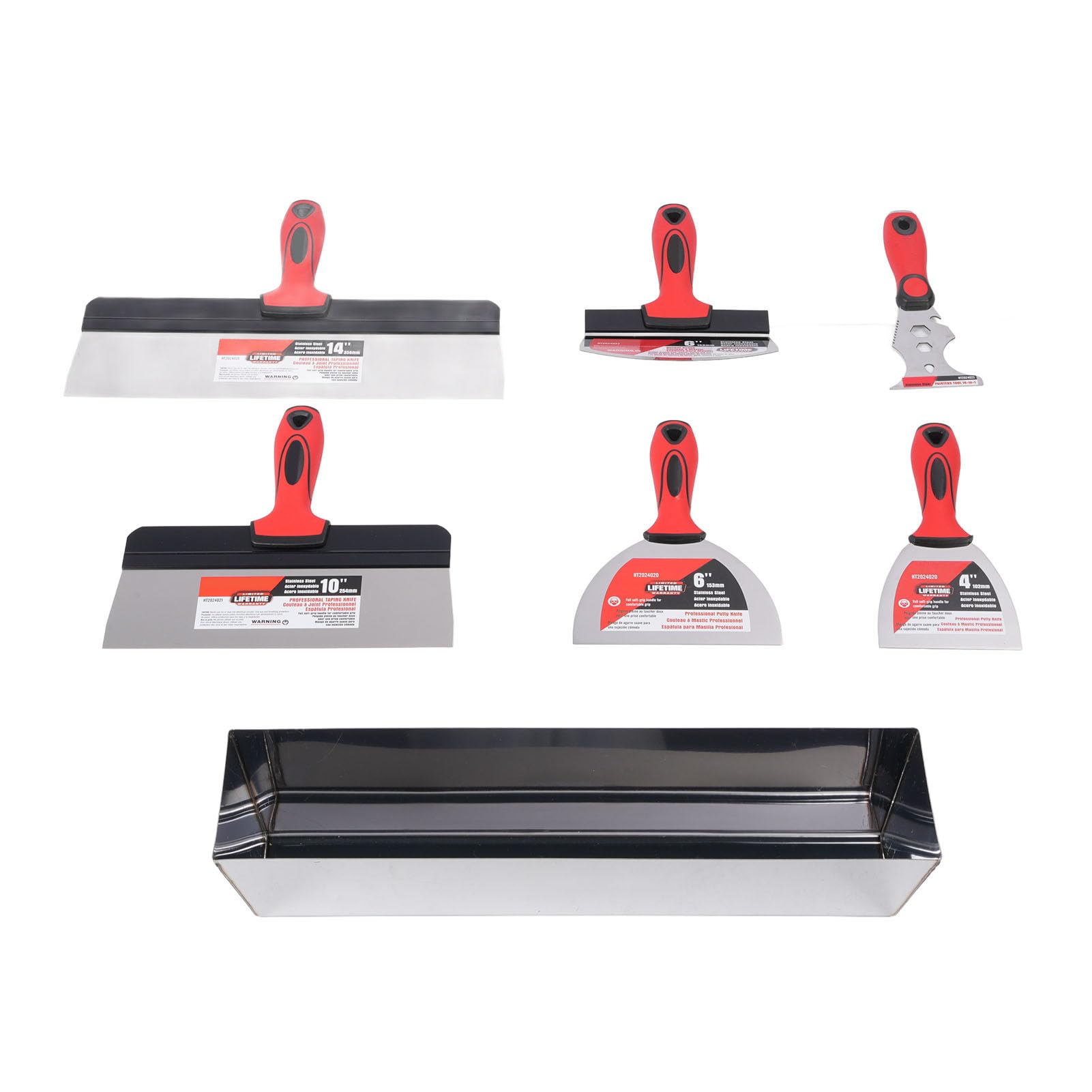 SEAFRONT Kit de Herramientas para Drywall de Acero Inoxidable, Bandeja para Yeso de 16 Pulgadas, Espátula y Rasqueta con Antideslizante para Reparación de Paredes y Acabado