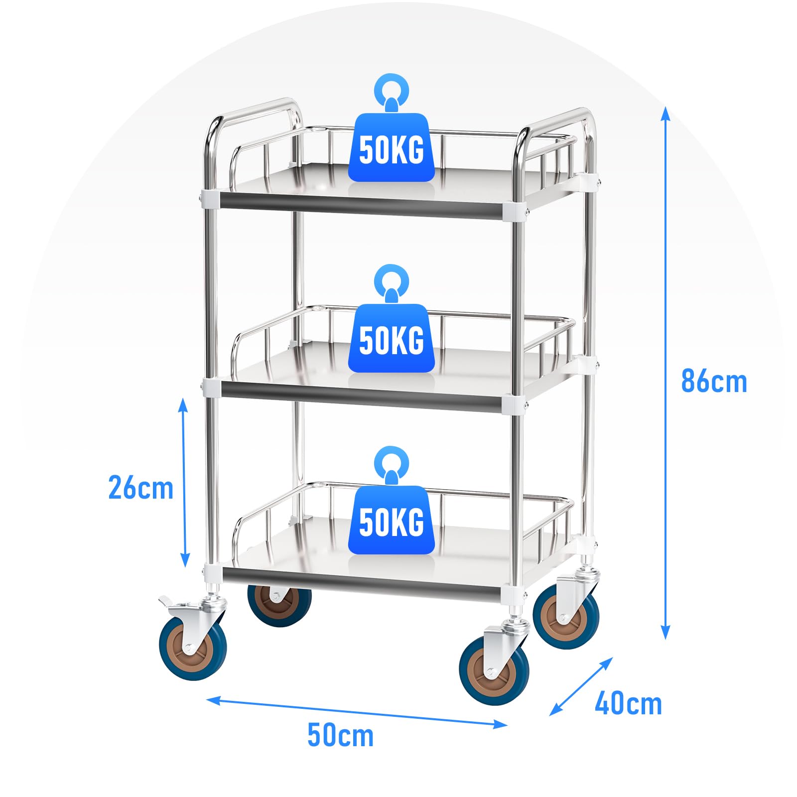lesolar Labor Rollwägen, Servierwagen Edelstahl 3 Böden, Edelstahl Küchenwagen mit 4 Schwenkbar Rollen 2 Bremse, Serving Lab Trolley, Transportwagen, Laborwagen, Teewagen 440 x 660 x 860 mm