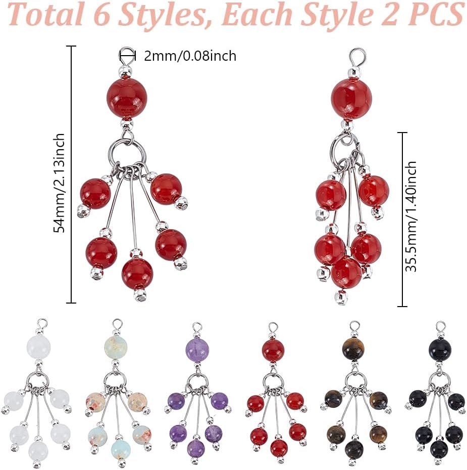 AHANDMAKER 12Pcs 6 Styles Round Stone Tassel Pendants,Natural Gemstone Pendants, Mixed Stones Beading Charms for Bracelets Keyrings Anklets DIY Crafts - Image 2