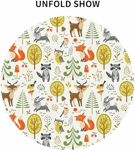 Miniatura 7 de IBILIU Mantel redondo de animales, árboles, pájaros, zorros, búhos, conejos, ciervos, mapaches, setas, naranja, amarillo, mantel circular para
