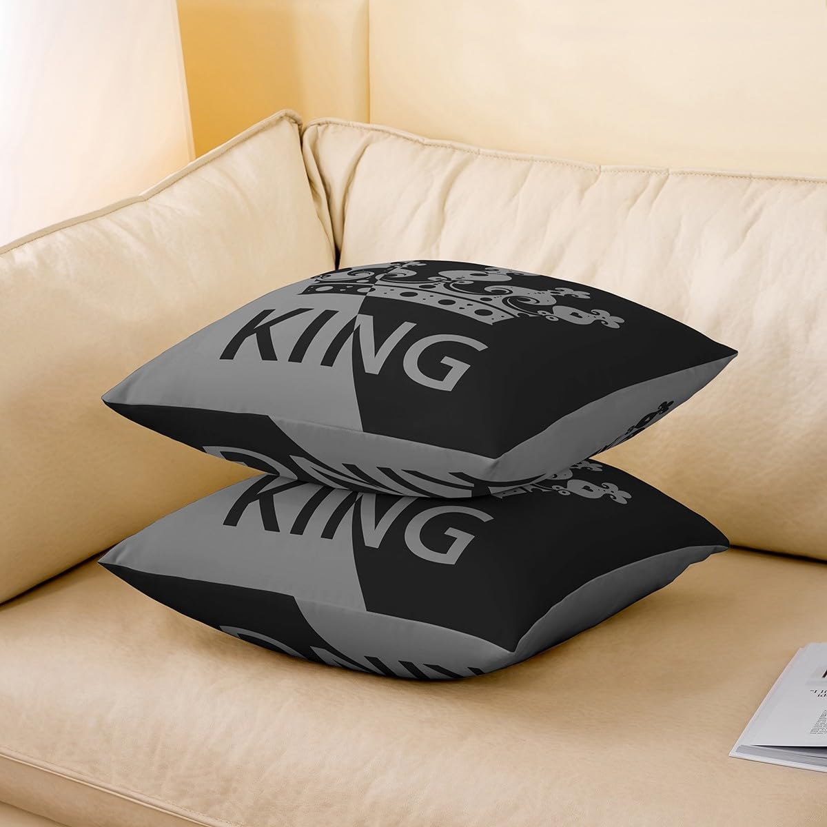 Manfei Splicing Geometric Pillow Covers 16"x16" Set of 2,Black Grey King Crown Throw Pillow Covers,Women Men Valentine's Day Decor Pillow Cases for Kids Boys TeensCartoon Crown Pattern Cushion Covers image 3