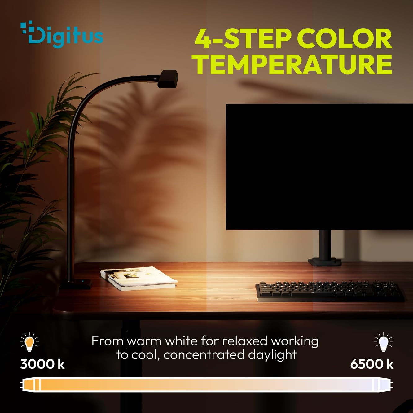 Digitus Lampada da scrivania a LED – 1025 lumen – Larghezza 50 cm – 7 W | 1000 lux – Temperatura di colore a 4 livelli – Regolabile – Controllo touch – Braccio flessibile – Base a morsetto – Nero