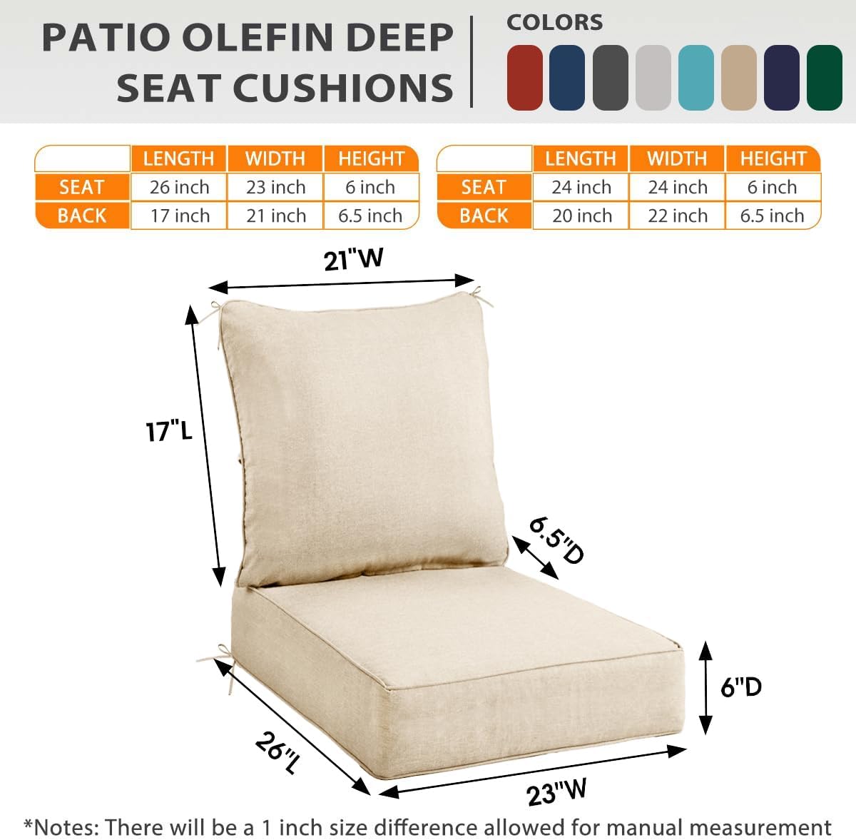 Sundale Outdoor Olefin Deep Seat Cushion Set of 2, Patio Chair Cushion and Pillow, Water-Resistant Sectional Sofa Pad with Straps Beige, 23 x 26 x 6 Inches