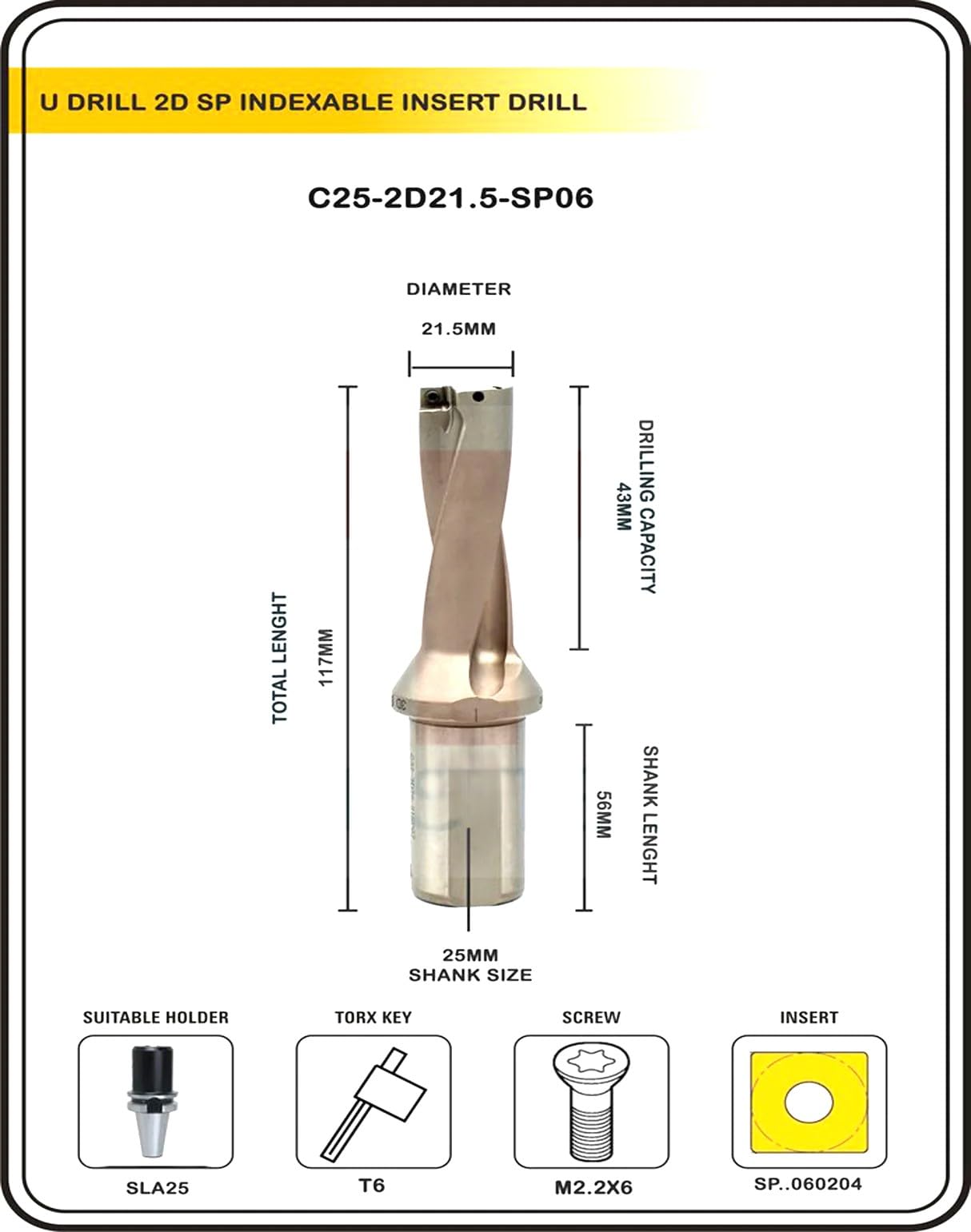 Buyohlic Indexable Insert U Drill 21.5 MM II Weldon Shank II Through Coolant II 10 pcs Carbide Inserts Free (Dia 21.5 mm~5D~25 mm Shank)