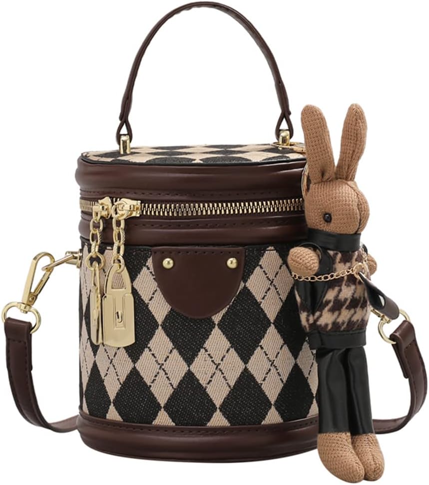 RTGGSEL Rhomboid Patterned Bucket Bag Crossbody Shoulder Bags for Women Cylinder Purse Satchel Handbags with Bunny Doll