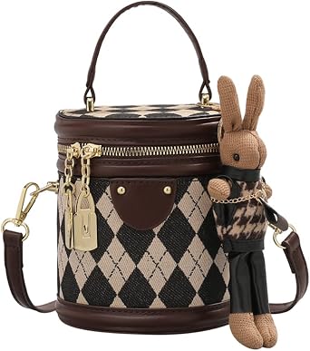 Womens Rhomboid Pattern Cylinderial Bucket Bag Crossbody Shoulder Bag Cylinder Purse Satchel Handbag with Bunny Doll
