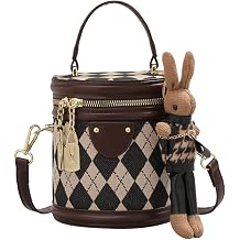 Womens Rhomboid Pattern Cylinderial Bucket Bag Crossbody Shoulder Bag Cylinder Purse Satchel Handbag with Bunny Doll