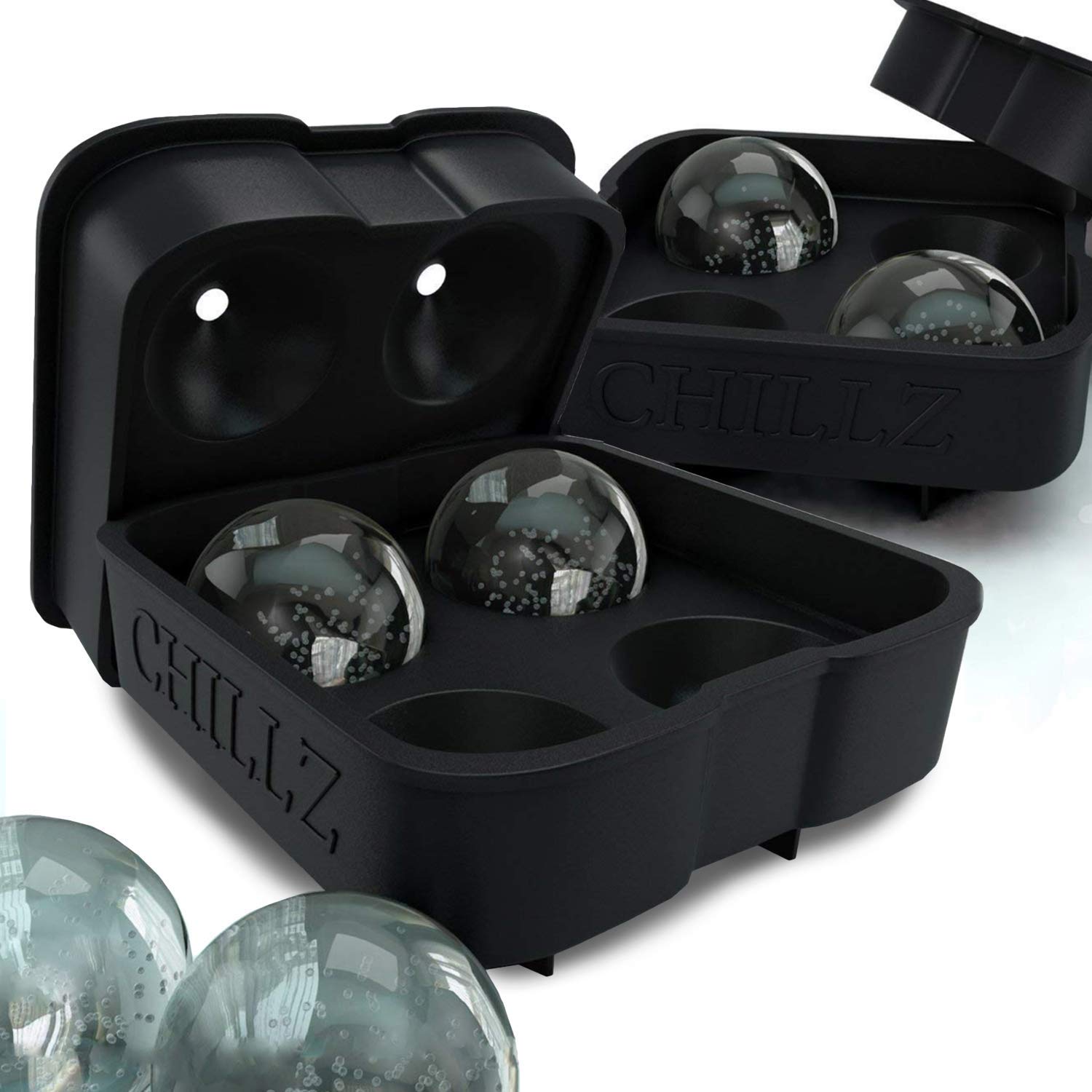 Chillz Ice Ball Maker - 2 Black Flexible Silicone Ice Trays - Mold 8 X 4.5cm Round Ice Ball Spheres (2 Pack)