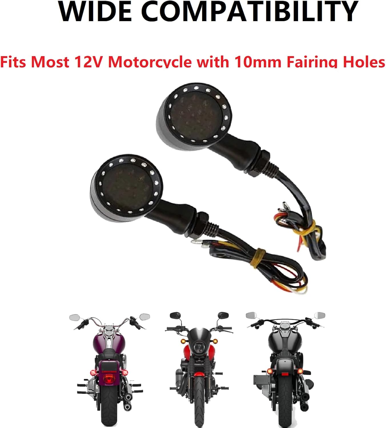 2pcs 10mm Universal LED Motorcycle Integrated Turn Signal Light (4-Wire,Turn/Brake/Running) Fits Cruiser Chopper Bobber Cafe Racer Street Bike with 10mm Mount