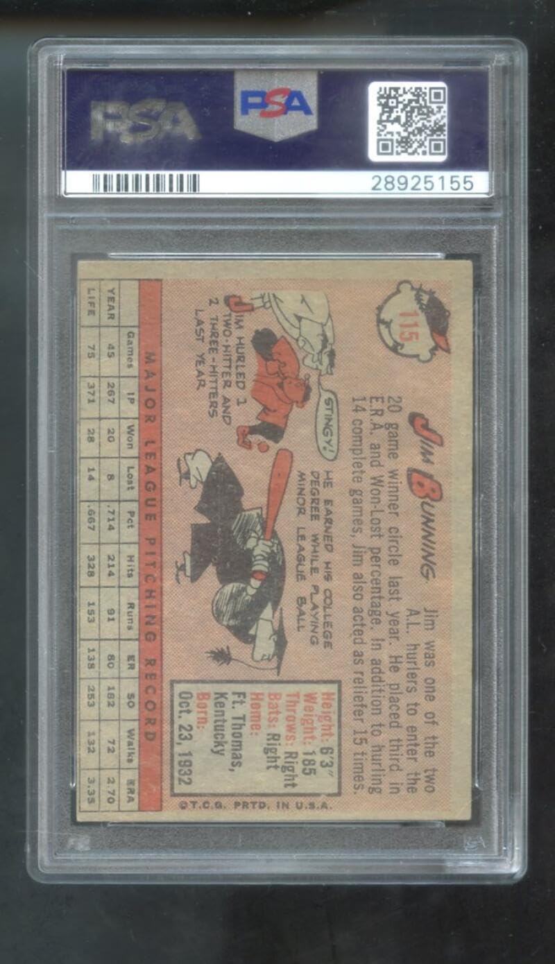 1958 Topps #115 Jim Bunning PSA 5 Graded Baseball Card Detroit Tigers