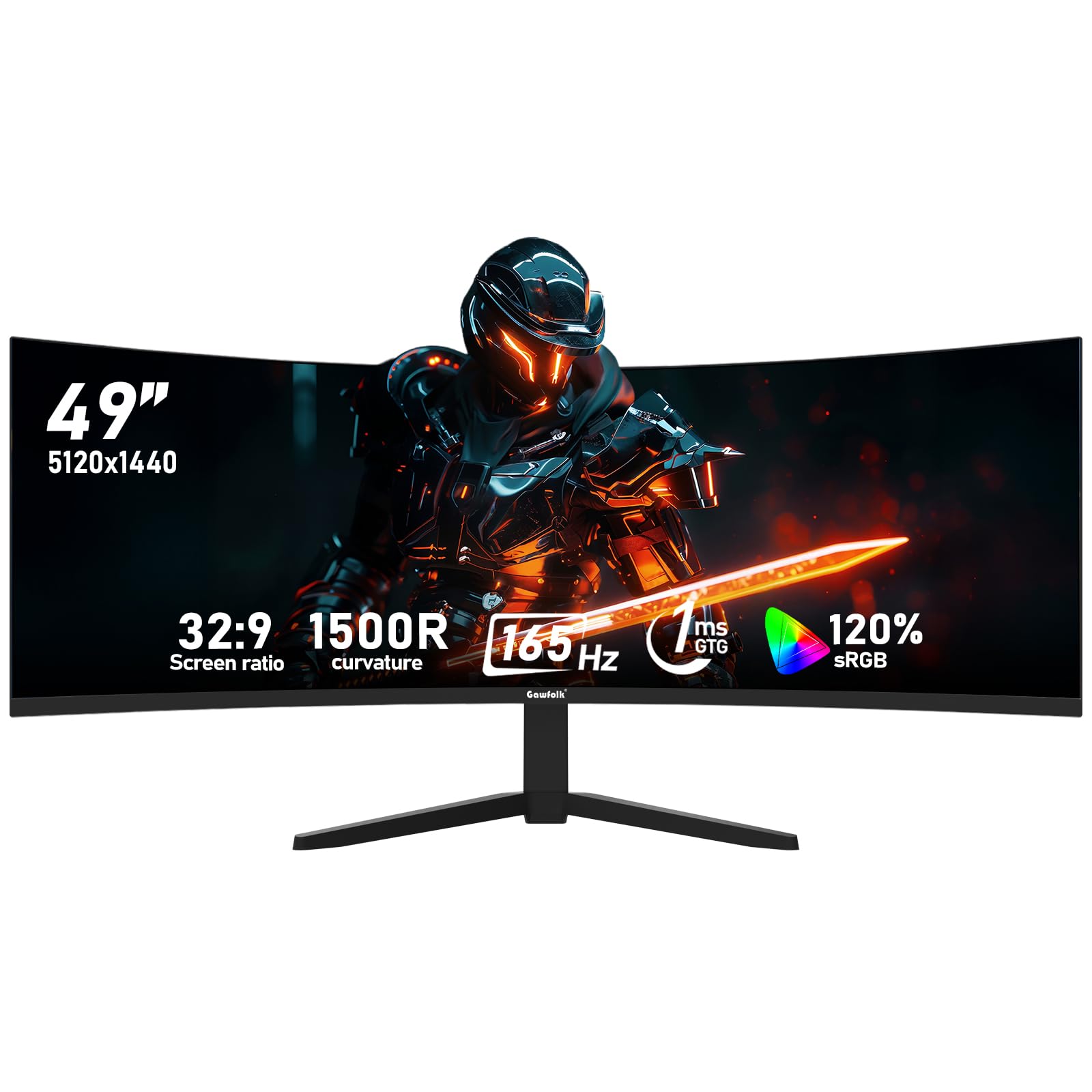 Gawfolk 49 Zoll Curved Gaming Monitor 165Hz, 1500R Gebogen PC Bildschirm mit Lautsprecher, 5120x1440 DQHD Ultrawide 32:9 Computerbildschirm, Pip/PBP, DP, HDMI, unterstützt VESA 100x 100mm