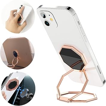 Cellphone Ring Holder Finger Kickstand, Foldable 360 Rotation Cell Phone Stand for Desk, Magnetic Car Mount, Metal Multi-Angle for Phone Back Grip Compatible with iPhone, iPad Rose Gold
