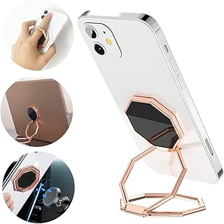 CLZWiiN Cell Phone Ring Holder Finger Kickstand, Foldable 360° Rotation Cellphone Stand for Desk, Car Magnetic Mount, Metal Multi-Angle for Phone Back Grip Compatible with iPhone, iPad (Rose Gold)