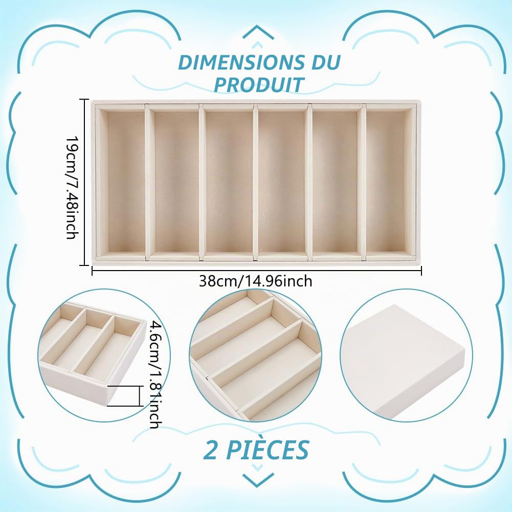 UNICRAFTALE 2Pcs Rangeur Velours pour Lunettes de Soleil Plateau Organisateur 6 Cases Beige Plateau de Présentation pour Lunettes et Bijoux Empilable Tiroir de Rangement pour Montres 38x19x4.6cm