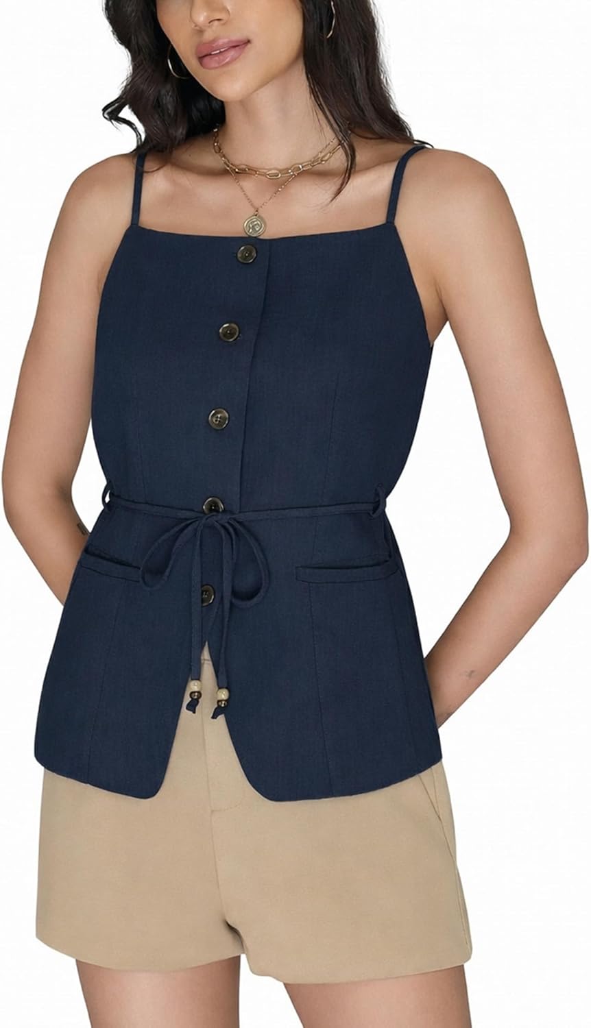 Ladyful Womens Linen Tank Vest Top Summer Full Lined Tie Waist Button Front Cotton Suit Waistcoat Camisole Blouse