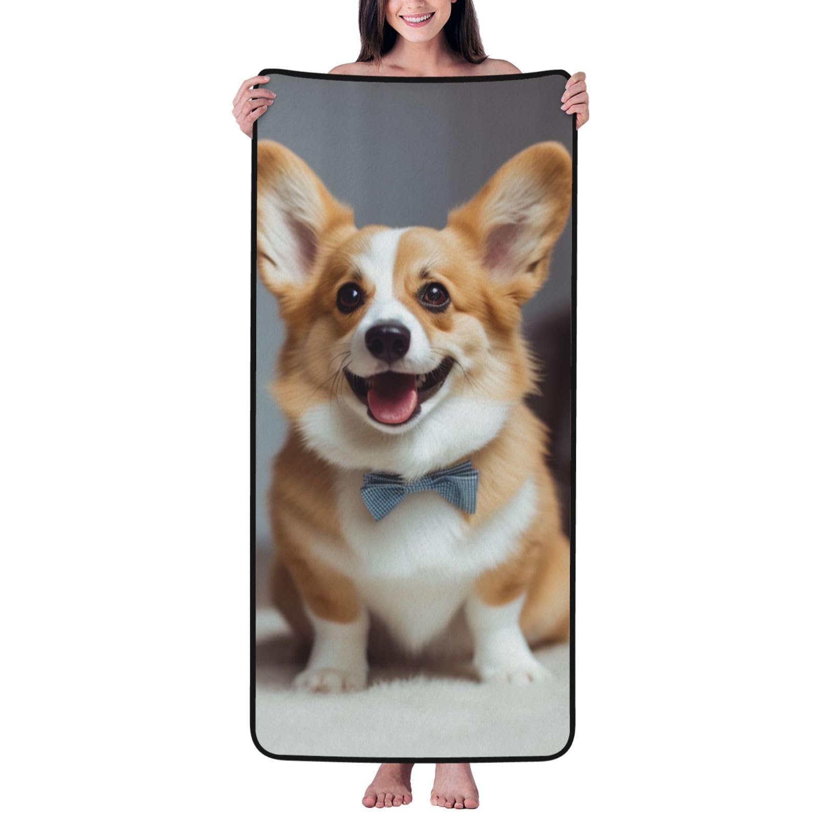 WPKJU Cute Corgi Art Printed Bath Towel with Black Edging - 27x55 in Soft Extra Absorbent Coral Velvet Shower Towels for Bathroom