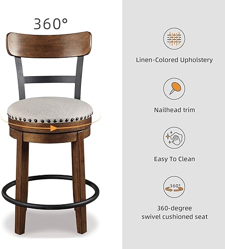 Miniatura 6 de Signature Design by Ashley Valebeck Rustic Farmhouse Swivel Bar Stool – 24.5″ Counter Height, 360° Swivel Metal & Wood Frame, Polyester Upholstery –