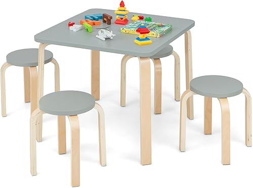 INFANS Juego de mesa y taburete de madera para niños, mesa de actividades de 5 piezas con 4 taburetes para niños pequeños, bloque de construcción,