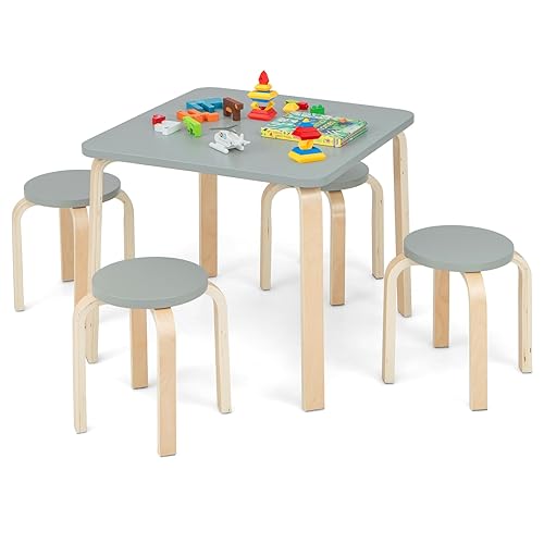 INFANS Juego de mesa y taburete de madera para niños, mesa de actividades de 5 piezas con 4 taburetes para niños pequeños, bloque de construcción,