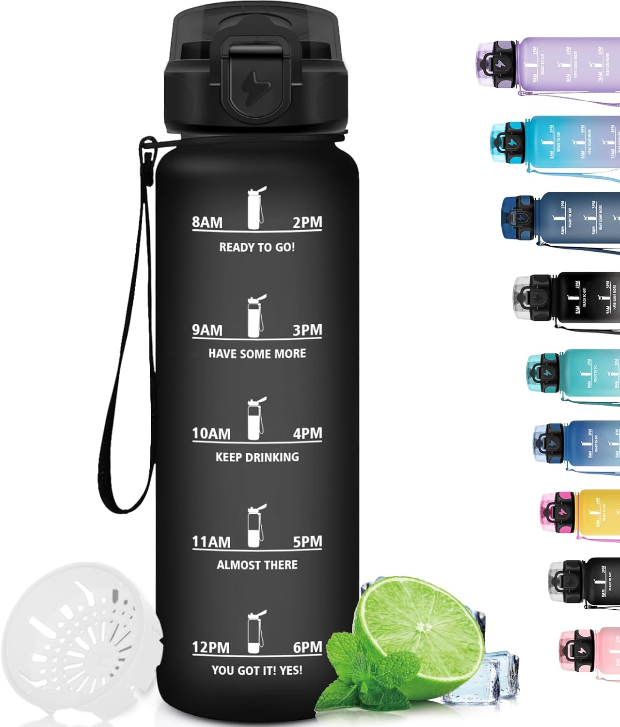 Grsta 1 Litre Water Bottle, Leak Free Filtering Water Bottle, Motivational Water Bottle with Time Scale, Easy to Clean Water Bottle for Sports, Fitness, Hiking, Cycling, Black