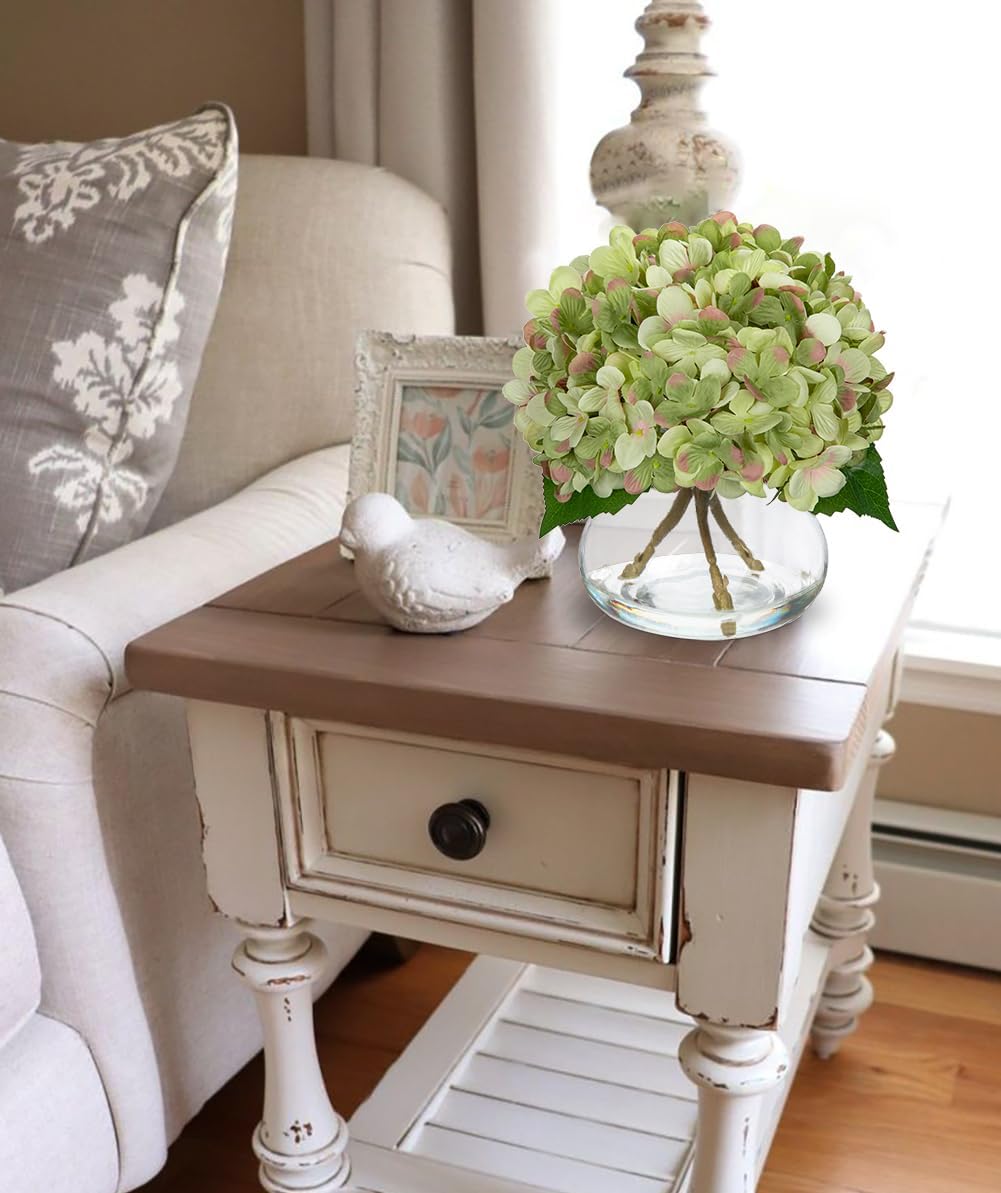 Hollyone Hydrangea Artificial Flowers with Glass Vase Dark Green Silk Faux Flowers Arrangements in Vase with Faux Water Fake Floral Bulk Bouquet for Home Decor Table Centerpiece Decorations - Image 4