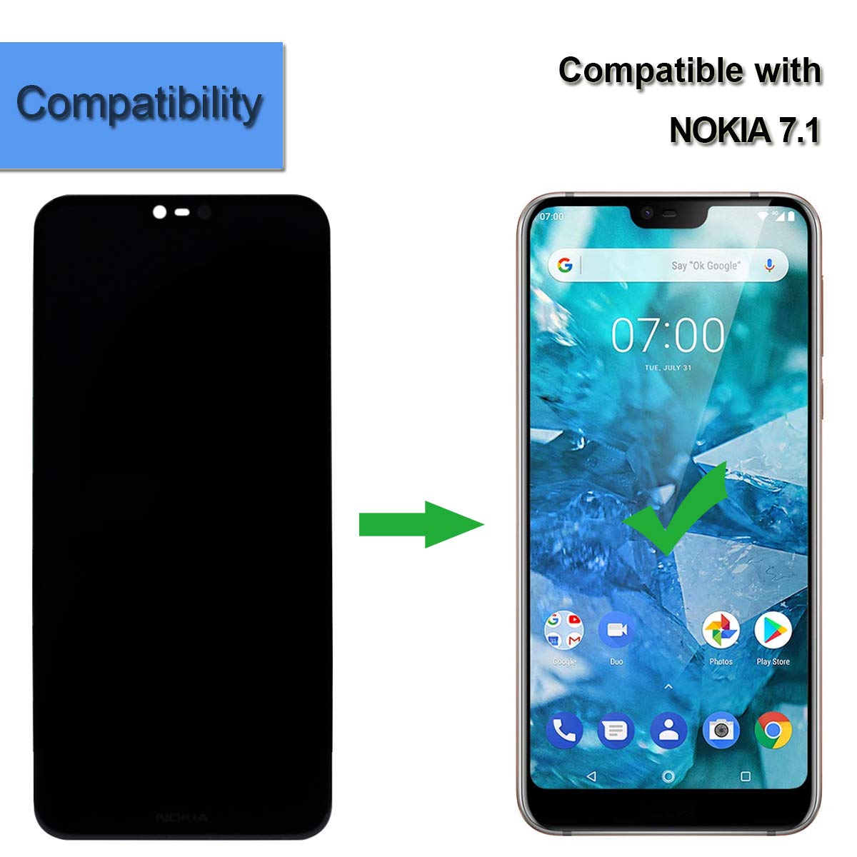 Écran Complet (vitre Tactile + LCD) Pour Nokia 7.1 - Noir, Neuf, Compatible