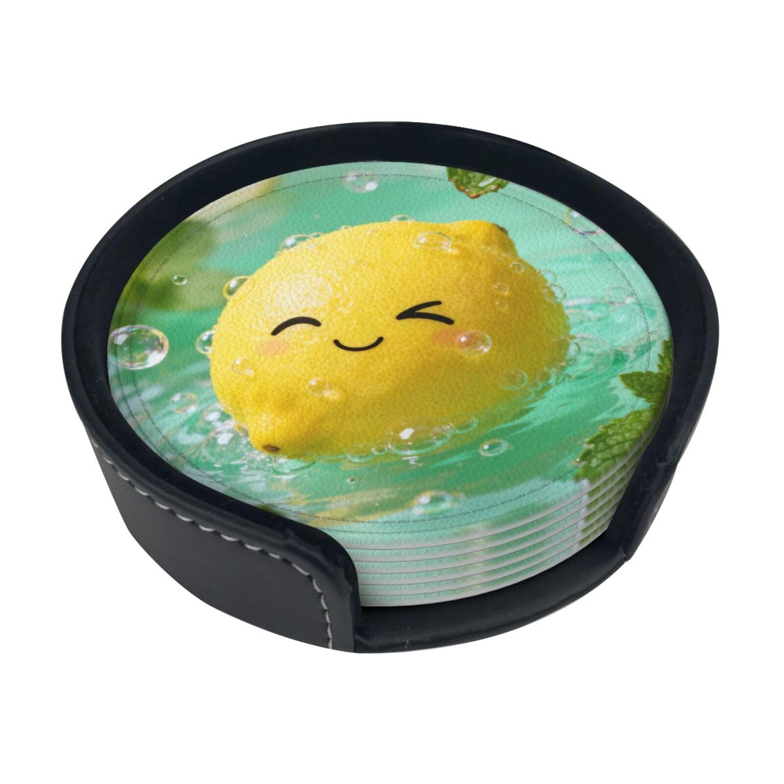 Cntdbu White Smiling Lemon Leather Coasters Set Of 6-Pu Leather Drink Mats For Table, Heat Resistant Round Coasters With Holder