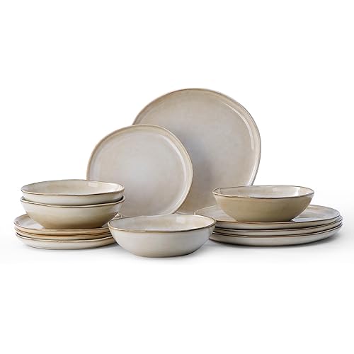 Bestone 12 Piece Round Kitchen Dinnerware Sets，Plates and Bowls sets,Dishes, Plates, Bowls, Dish Set, Chip Resistant Ceramic Dinnerware Set, Dishwasher/Microwave Safe,Service for 4,Brown