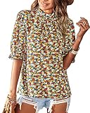 Picture of BTFBM Womens Summer Tops Boho Floral Blouses Frill Trim Mock Neck Puff Short Sleeve Shirts Dressy Casual Fall Top 2025(Floral Navy, X-Large)